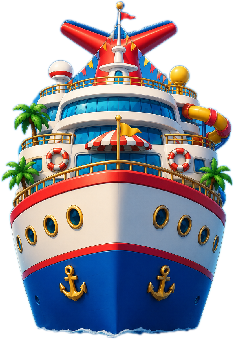 A cartoon cruise ship sailing on the water