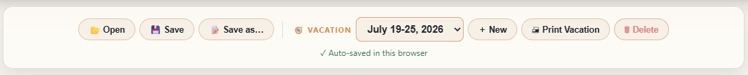 Cruise Companion toolbar with Open, Save, Save as, Vacation dates, and New