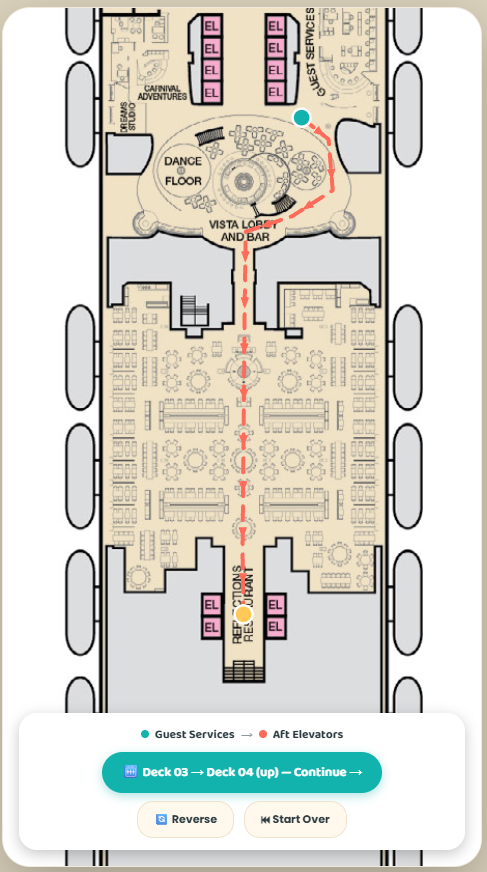 The Navigator deck map with a route and Continue button